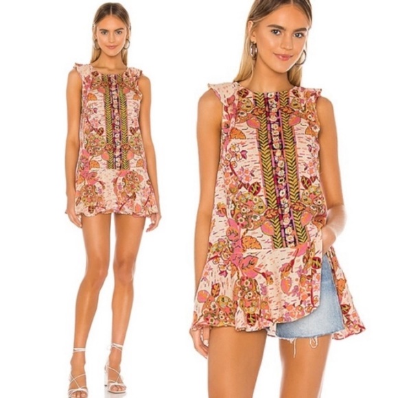 NEW Free People Summer In Tulum Pink Combo Tunic Floral Summer Sleeveless Top XS - Picture 2 of 12